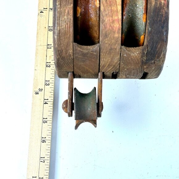 Antique Wooden Double Pulley Block w/ Metal Hook Rustic Farmhouse Barn Decor - Picture 12 of 14